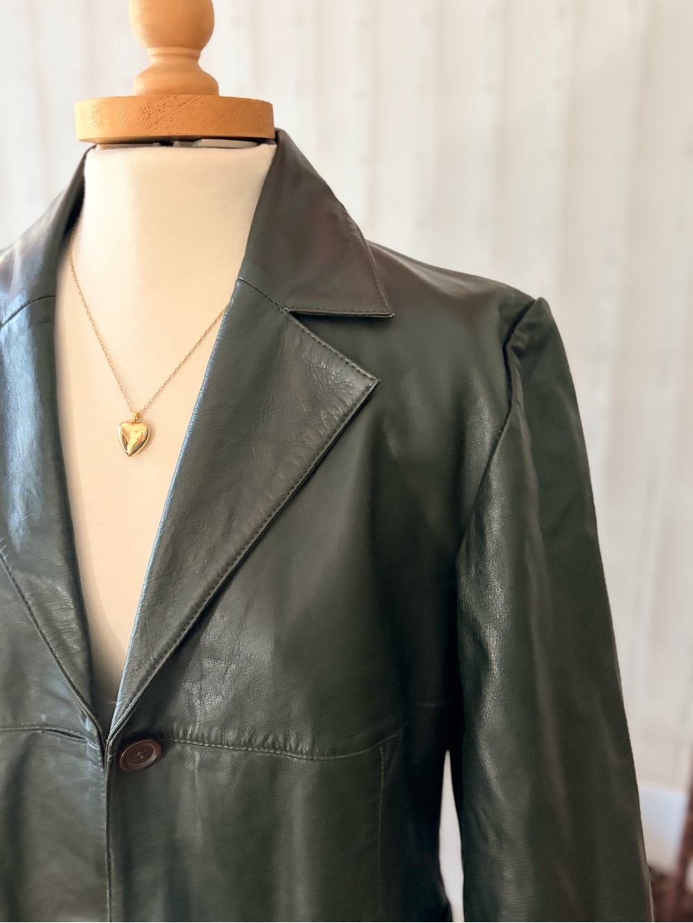 Vintage 90s Dark Green Leather Coat | Carolyn Bessette-Kennedy Minimalist | M
